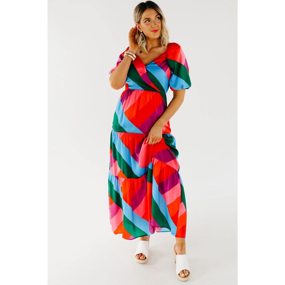 Skies Are Blue Dress Womens Large NWT Colorblock Puff Sleeve Multicolor